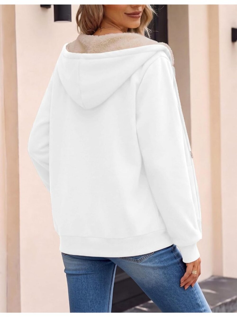Women's White Fleece Lined Drawstring Hooded Kangaroo Casual Winter Jackets - Picture 6 of 6